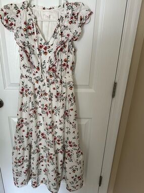 LC Lauren Conrad White Midi Dress with Red Floral Print